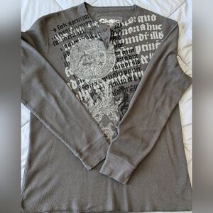 Chalc Men's Gray Long Sleeve Graphic Henley Shirt